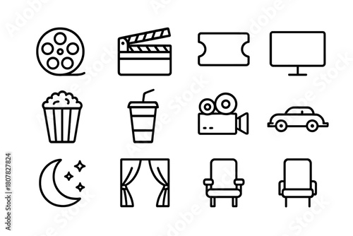 Classic Movie Icons. Classic Movie Experience. Line icon set of Classic Movie Experience: film reel, clapperboard, ticket, screen, popcorn, soda, projector,