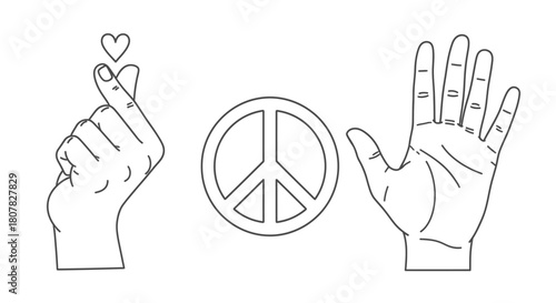 A minimalist collection of hand gestures and symbols representing love and peace, featuring a finger heart and a classic peace sign outline
