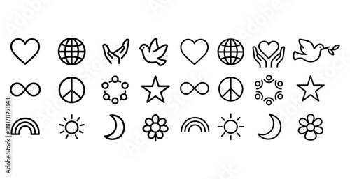 Harmony symbols collection: peace, love, unity icons in simple line art