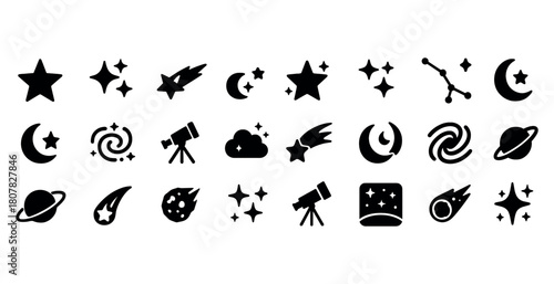 Set of astronomy and space icons including stars, planets, and telescopes