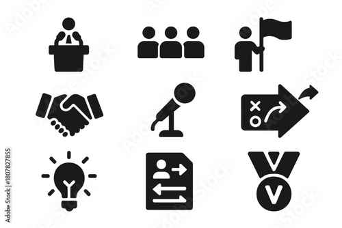 Political Icons Set. Political leadership. Solid icon set of Political leadership: leader podium, crowd, election vote, flag bearer, handshake, microphone,