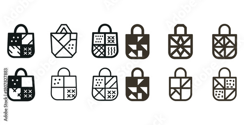 Geometric tote bag icons in various styles and patterns