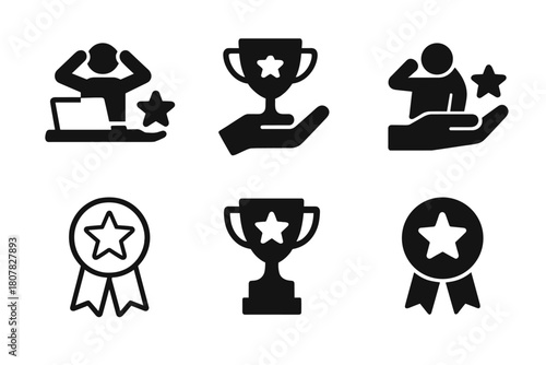Workplace Support Icons. Handling workplace stress and managerial support. Icon set. Set Logo of Encouragement Badge: Star or trophy for support. Abstract