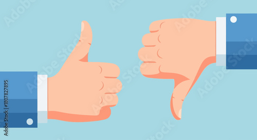 A vector illustration depicting contrasting feedback with thumbs up for approval and thumbs down for disapproval