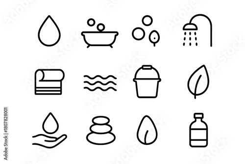 Hydrotherapy Icon Collection. Hydrotherapy. Line icon set of Hydrotherapy: water drop, bathtub, bubbles, shower, towel, wave, bucket, leaf, droplet, hand, spa