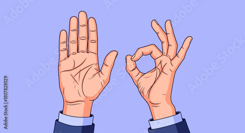 Businessman hands showing different gestures, one making an okay sign and the other a stop signal. Vector illustration of non-verbal communication