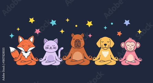 Whimsical illustration of diverse animal friends including a fox, cat, and monkey practicing yoga and meditation together under a starry sky