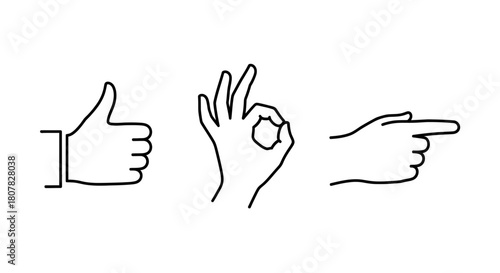 A versatile set of minimalist line art icons depicting common hand gestures, including thumbs up for approval, an okay sign for perfection, and a pointing finger for direction