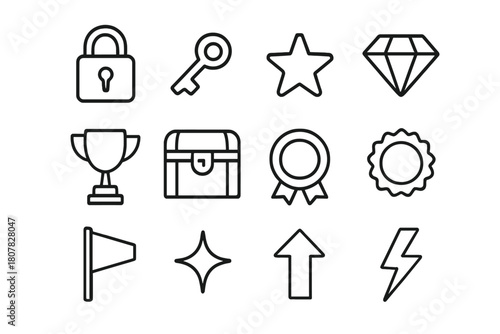 Unlockable Rewards Icons. Unlockable Rewards. Line icon set of Unlockable Rewards: padlock, key, star, diamond, trophy, chest, ribbon, badge, flag, spark,