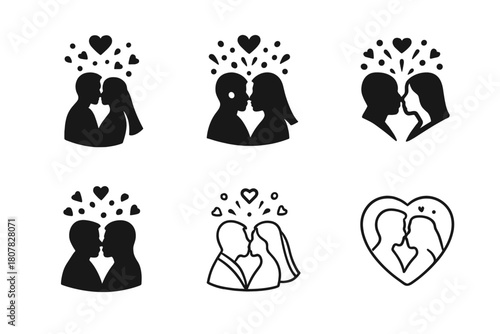 Wedding Kiss Icons. Wedding Kiss Under Confetti. Icon set. Set Logo of Wedding Kiss: confetti heart explosion over couple. harmonious logo variations of the