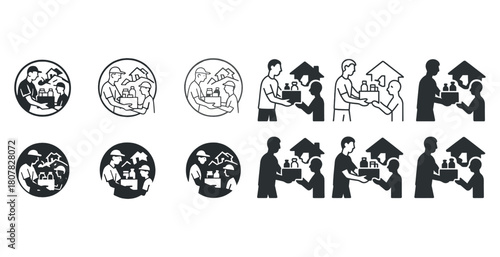 Symbolic illustrations of charity and community support in black and white icons