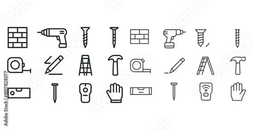 Line art tools: drill, hammer, nail, tape measure icons for construction