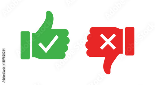 Vector icons for feedback, featuring a green thumbs up with a checkmark for approval and a red thumbs down with a cross for disapproval