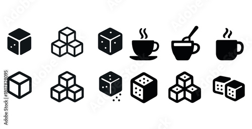 Collection of coffee and sugar cube icons in various styles