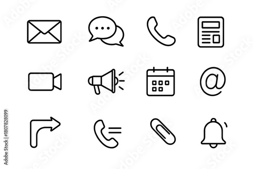 Corporate Communication Icons. Corporate communication. Line icon set of corporate communication: email envelope, chat bubbles, phone handset, video camera,