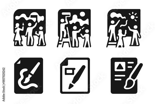 Community Mural Icons. A group of artists working together on a large community mural project. Icon set. Set Logo of Sketch Paper: Design planning. Negative