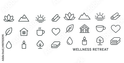 Icons for wellness retreat: nature, relaxation, and self-care symbols