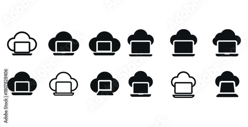 Cloud computing icons set featuring laptops and cloud symbols