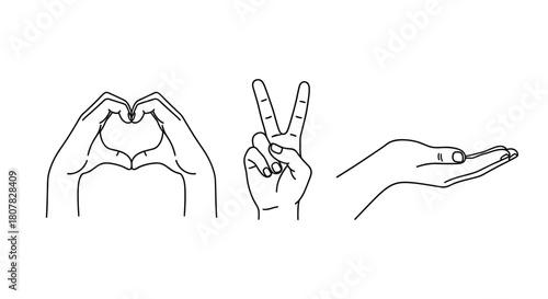 A conceptual collection of minimalist hand gesture icons for love, peace, and charity, drawn in a clean outline style