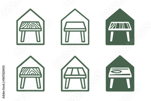 Sustainable Decor Icons. Incorporating Sustainable Materials in Home Decor. Icon set. Set Logo of Sustainable Home Decor: reclaimed wood table. harmonious logo