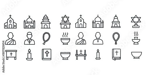 Religious symbols and clergy icons: church, temple, star of david, mosque, priest, monk