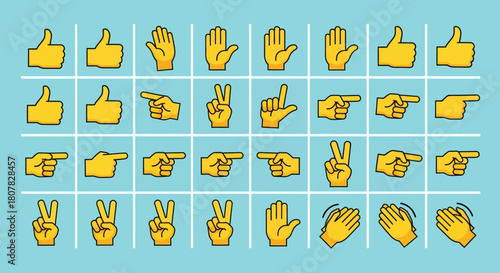 A diverse collection of yellow cartoon hand gestures, including thumbs up, pointing, and peace signs, presented as a flat design icon set