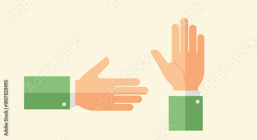A flat design vector illustration showing two cartoon hands with green sleeves, one signaling to stop or greet, the other offering a handshake