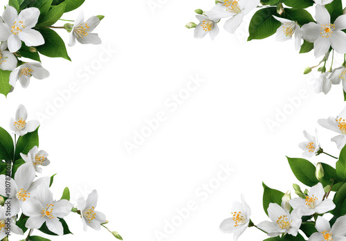 White jasmine flowers in a black frame.  A border of  jasmine blossoms and leaves surrounds a dark center