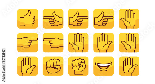 A dynamic collection of yellow communication icons featuring various hand gestures like thumbs up, pointing, fist, and a smiling emoticon face