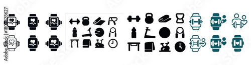 Fitness icons collection: heart rate monitors, weights, and yoga mats