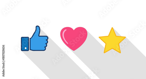 Set of user feedback and rating icons thumbs up, heart, and star in a clean, flat vector style with a long shadow effect