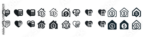 Financial icons set: heart, calculator, house, dollar, shopping cart