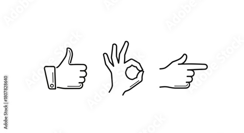 A simple set of black and white line art icons depicting popular hand gestures for approval, perfection, and direction
