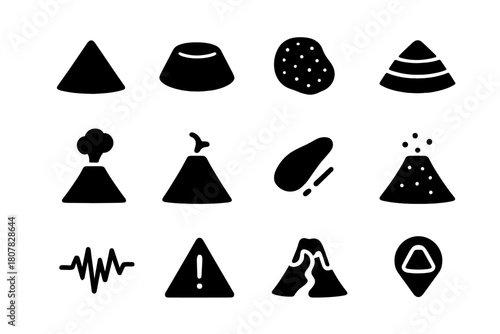 Volcanic Icon Set. Volcanic Cinder Cone. Solid icon set of Volcanic Cinder Cone: cone profile, crater, lava rock, ash layer, vent, fumarole, lava bomb, tephra