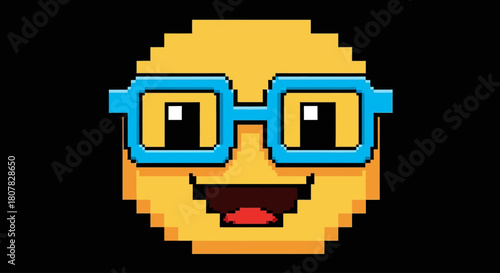 An expressive pixel art illustration of a smiling geek face with glasses, a retro 8-bit avatar for digital communication and technology concepts