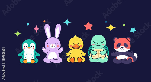 A whimsical group of cute cartoon animals meditating in a row under the stars. Adorable illustration of a penguin, rabbit, duck, turtle, and panda finding inner peace