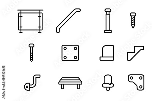 Stair Railing Icons. Stair railing. Line icon set of stair railing: glass panel, handrail, post, bolt, screw, base plate, end cap, stair step, wall bracket,