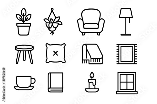 Indoor Oasis Icons. Indoor oasis. Line icon set of indoor oasis: potted plant, hanging plant, armchair, floor lamp, small table, cushion, blanket, rug, teacup,