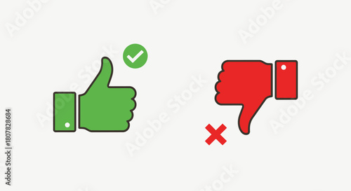 Vector icons of green thumbs up and red thumbs down symbols for feedback. Like and dislike hand gestures with check and cross marks