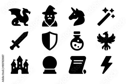 Modern Mythos Icons. Modern Mythos. Solid icon set of Modern Mythos: dragon, wizard, unicorn, magic wand, sword, shield, potion bottle, phoenix, castle,
