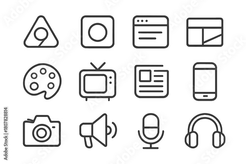 Media Icons Grid. Media identity. Line icon set of Media identity: logo, social media icon, website, banner, paint palette, TV, newspaper, smartphone, camera,