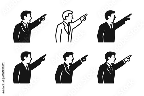 Objection Icon Set. Lawyer Making Objections. Icon set. Set Logo of Courtroom Objection: confident attorney shouting ?Objection?. harmonious logo variations of