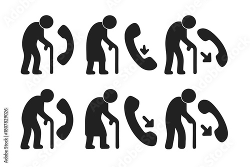 Loneliness Icon Set. Loneliness in old age. Icon set. Set Logo of Telephone: Missed call symbol. Negative space, Symmetrical form, Flat solid, Minimal outline,