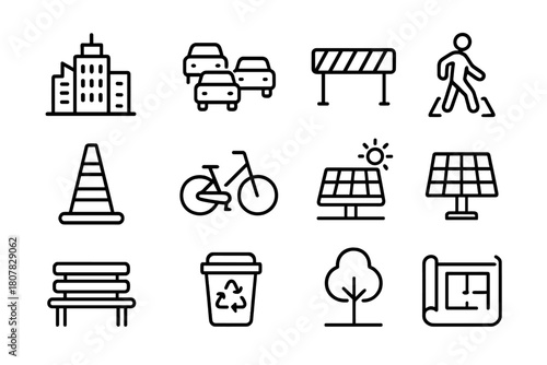 Urban Design Icons. Barriers and Solutions in Urban Design. Line icon set of Barriers and Solutions in Urban Design: city skyline, traffic jam, pedestrian