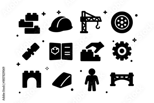 LEGO Icons Collection. LEGO Construction Play. Solid icons set of LEGO Construction Play: stacked bricks, builder hat, crane arm, wheel, connector peg,