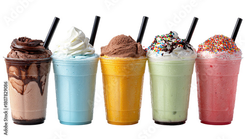 Five colorful blended drinks, each in a clear plastic cup, topped with whipped cream and various toppings.  A dark straw is inserted into each