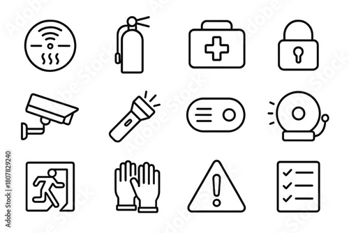 Home Safety Icons. Home safety tools. Line icon set of Home safety tools: smoke detector, fire extinguisher, first aid kit, lock, security camera, flashlight,