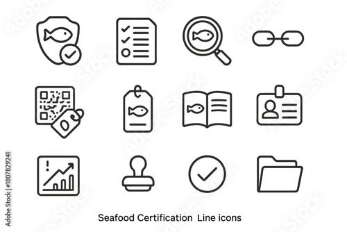 Seafood Certification Icons. Seafood Certification. Line icon set of Seafood Certification: ecolabel badge, compliance checklist, audit magnifier, traceability