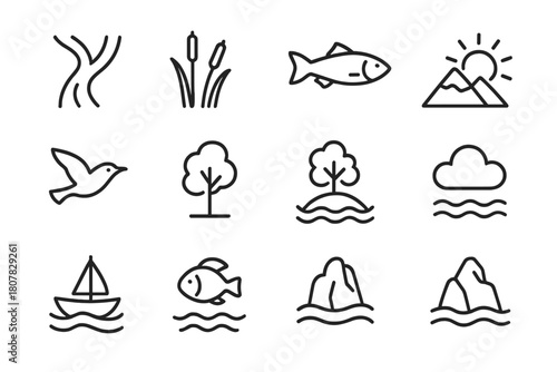 River Delta Icon Set. River delta. Line icon set of river delta: branching river, reeds, fish, wave, mountain, sun, bird, tree, island, cloud, boat, rock. All