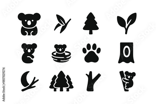 Koala Icons Set. Koala. Solid icon set of Koala: koala, eucalyptus branch, tree, leaves, baby koala, nest, paw print, tree hollow, moon, branch, forest,